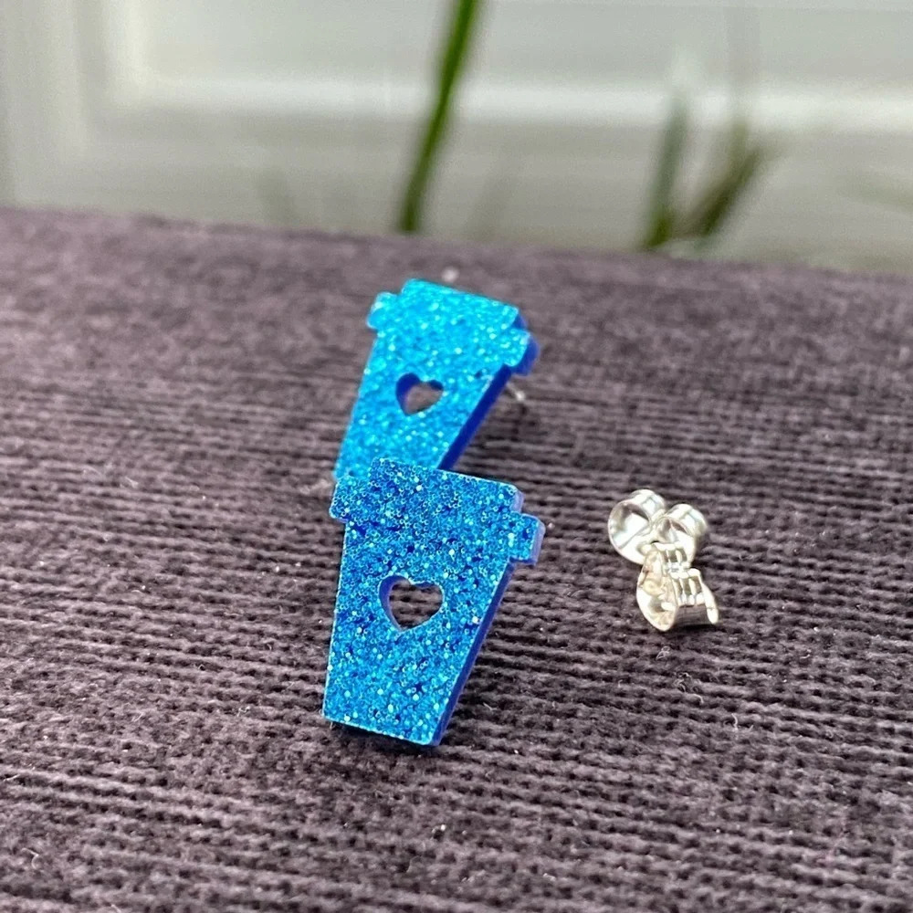 Sparkly Blue Coffee Earrings Pierced